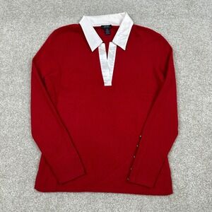 Prive Cashmere Red Silk Collar Sweater Rhinestone Button Cuff‎ Polo Pullover M